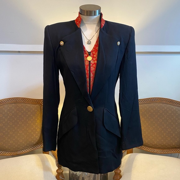 VTG 80s CRISCIONE Elegant Black Women's Blazer with Red Suede and Gold Accents - Picture 1 of 12